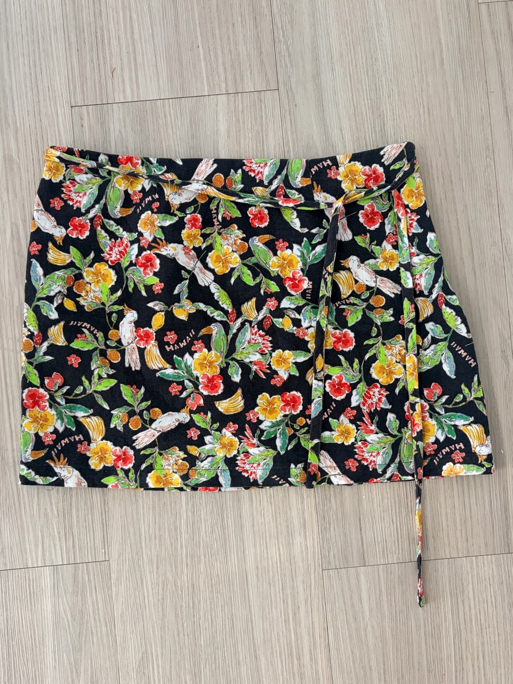 Floral Wrap Mini Skirt in Black with Yellow & Red Blooms